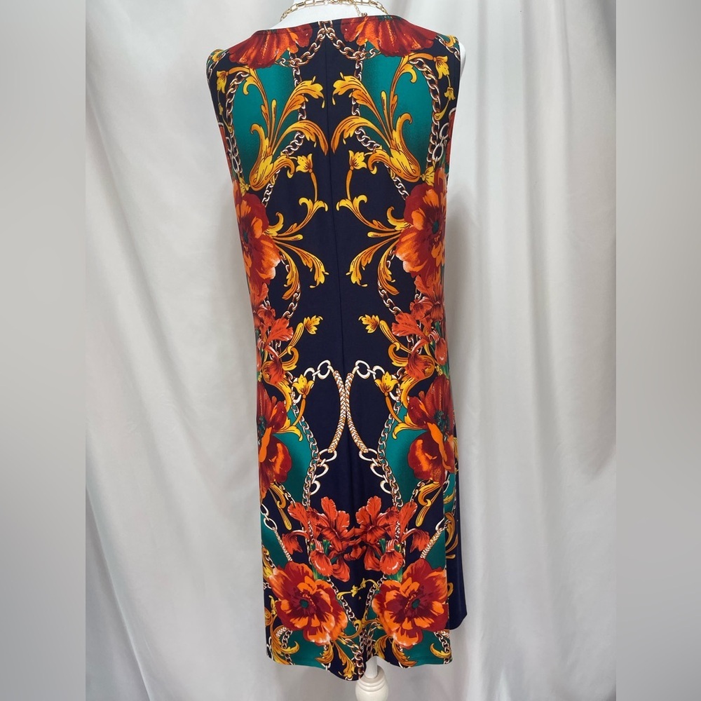 MSK Navy orange red Teal chain and floral print sleeveless dress women’s size M - Picture 9 of 16